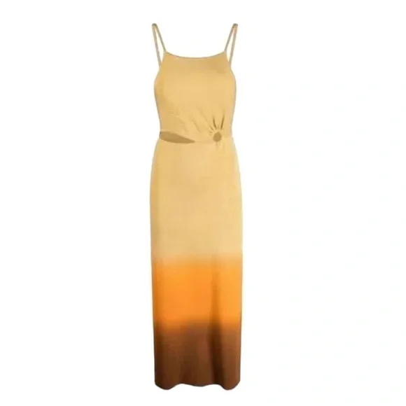 Sandro Sizzing Gradient Ombré Cutout Asymmetric MIDI Dress Tan Org  Sz 34 #906 - Picture 3 of 10